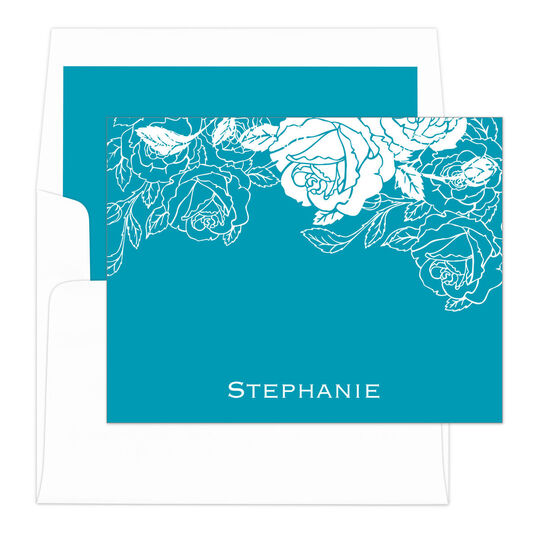 Turquoise Woodcut Roses Foldover Note Cards